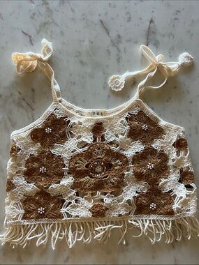 POL Cream Crochet Crop Top with Brown Floral Motifs